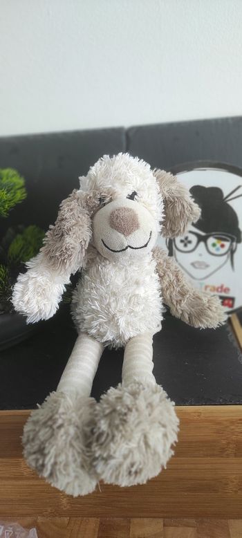 doudou peluche chien matron creme longue jambe rayé bandana pois  Beige Fourrure