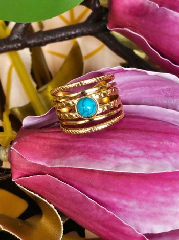 Bague 5 rangs ajouree avec sa pierre turquoise mélangée en acier inoxydable