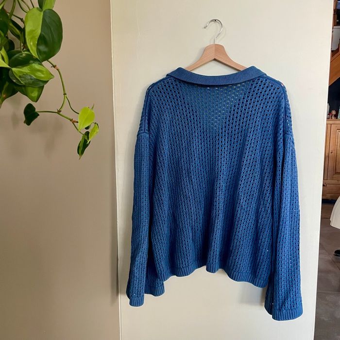 Pull ajouré bleu col polo Promod taille XL coton mélangé maille légère V061 - photo numéro 6