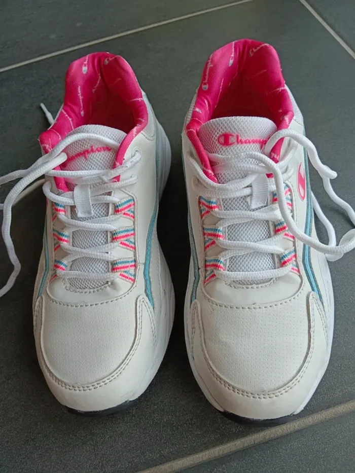 Baskets Champion P36 blanche bleue rose lacets - photo numéro 3