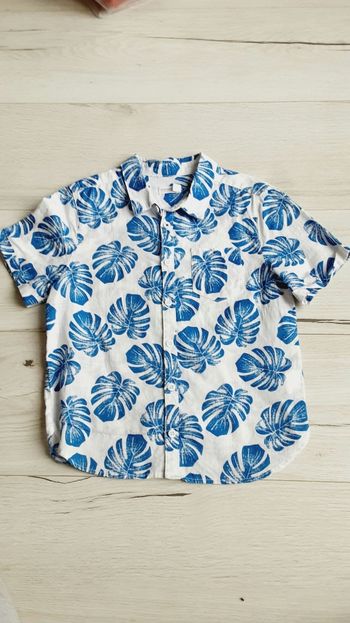 Vêtement garçon chemise manches courtes blanche motifs feuilles bleues Orchestra 6 ans Neuve