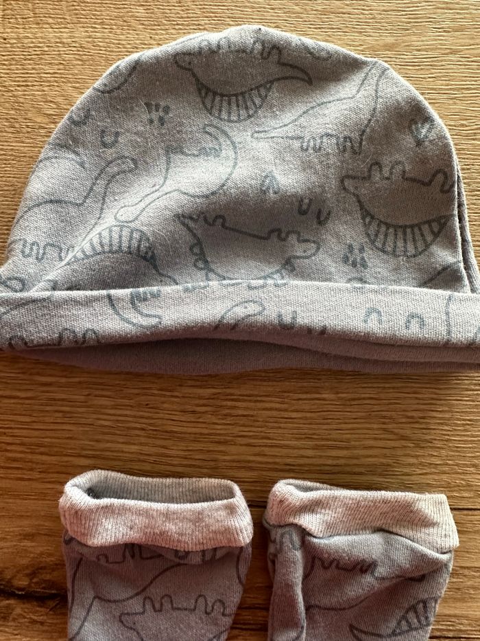 Bonnet + gants de naissance Bleu dinosaures - photo numéro 2