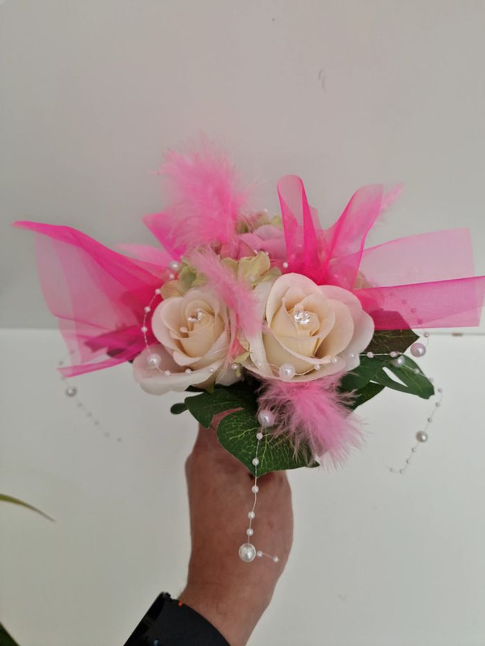 Bouquet De Mariée Roses Tulle Perles Plumes Dentelle - photo numéro 10