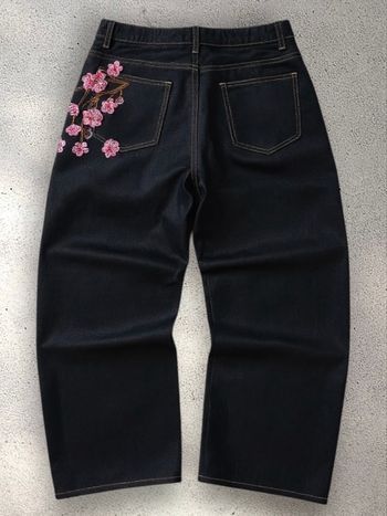 Jean noir droit large taille basse design floral brodé S
