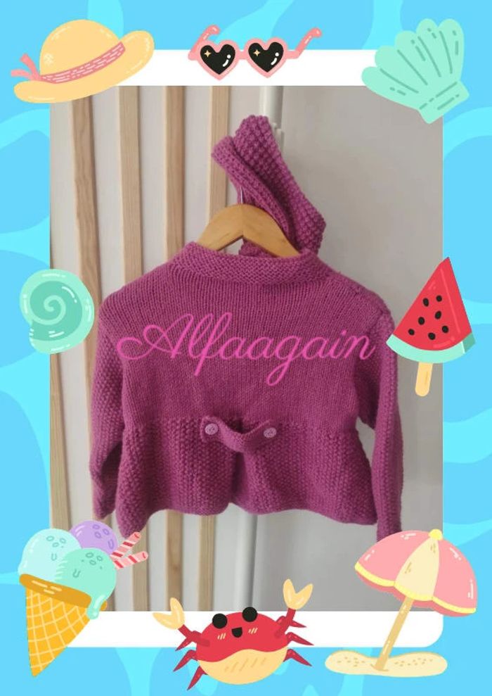 Gilet bonnet écharpe rose framboise tricot 3/4ans - photo numéro 4