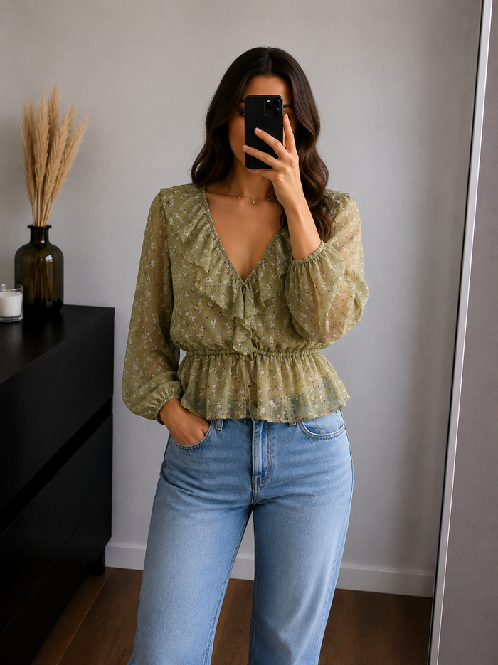 Blouse fleurie Stradivarius vert sauge - photo numéro 1