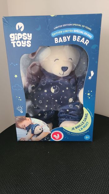 Animal en peluche Gipsy Toys Baby Bear Glow in the dark Bleu marine et Blanc