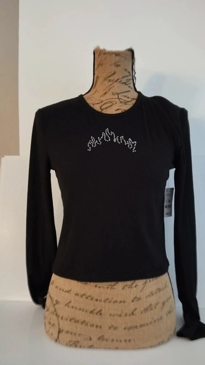 Tee shirt manches longues noir taille l avec motifs strass - photo numéro 2