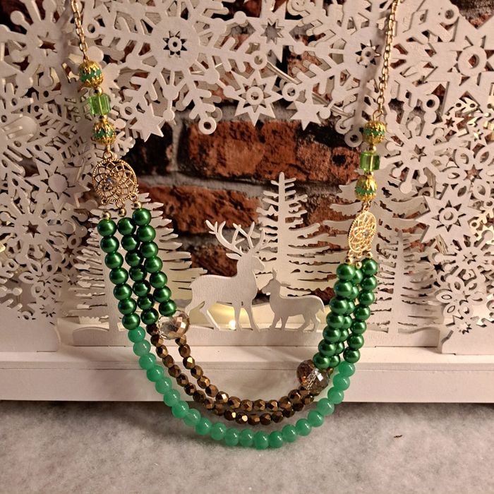 Collier chic vert doré et bronze multi rang - photo numéro 3