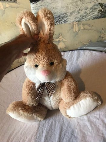 Gros Lapin Brun Ruban Flot Motifs Géométriques Carrés Animal Faune Peluche Petits Enfants Bébés