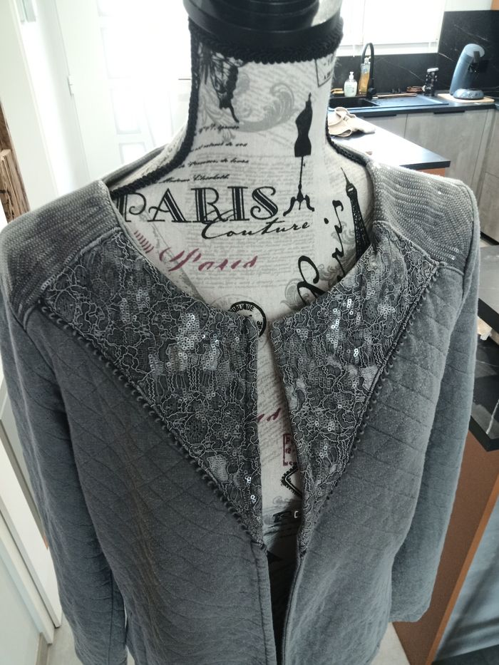 Gilet matelassé gris Street One – T. 40 (FR) | Col dentelle pailleté - photo numéro 2