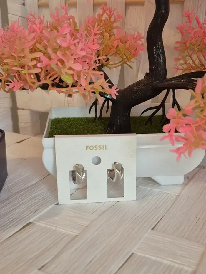 💕Jolie Boucles d'oreilles créoles femme Fossil  - Design chevrons argenté 💕