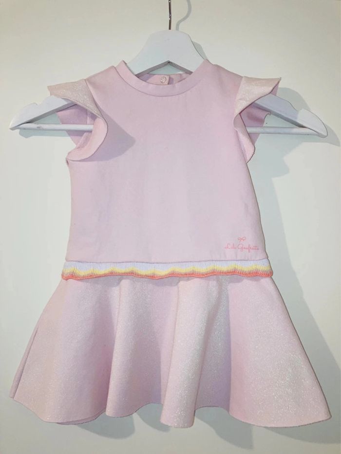 Robe lili gaufrette rose / paillette / arc en ciel 2 ans