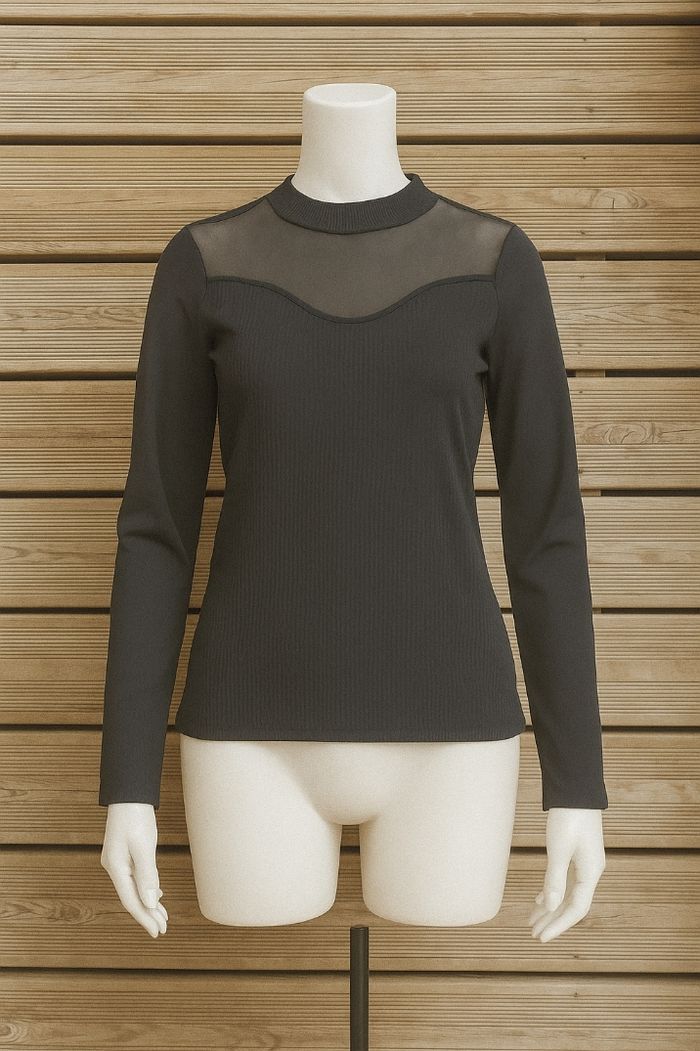 T-shirt femme noir en tulle côtelé transparent – Shein – Taille 46 – Top chic tendance