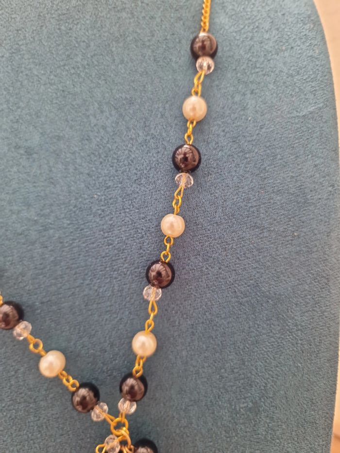 Collier Sautoir Grappe Doré Noir Et Blanc Cristal - photo numéro 5