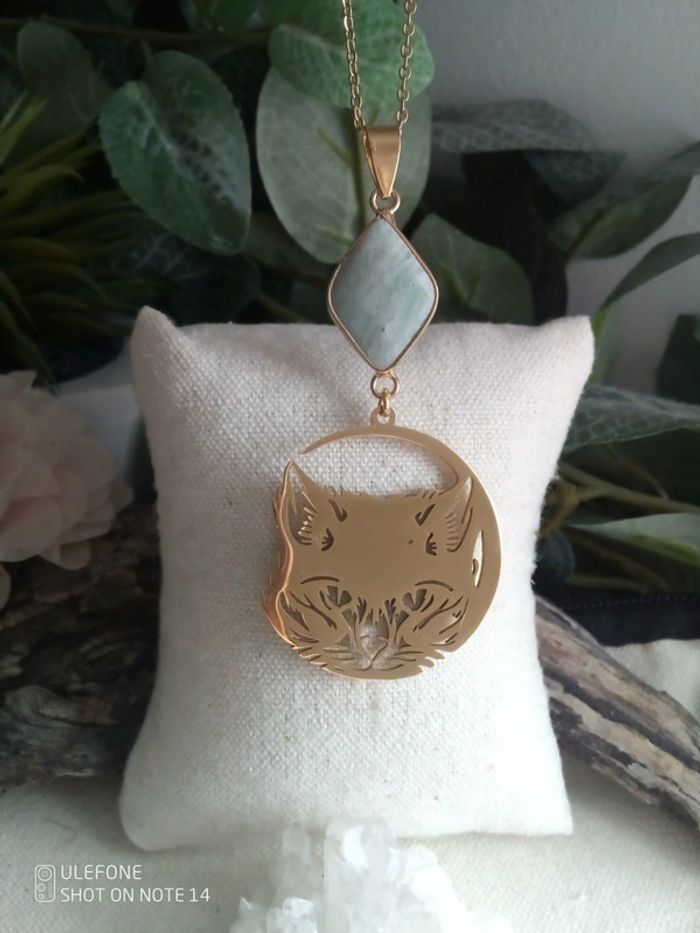 Collier lune chat et pierre d'amazonite naturelle - photo numéro 2