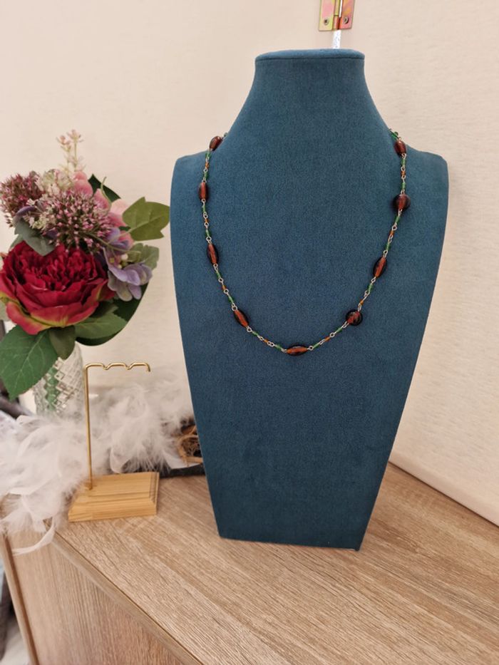 Collier Argenté Marron Vert - photo numéro 3