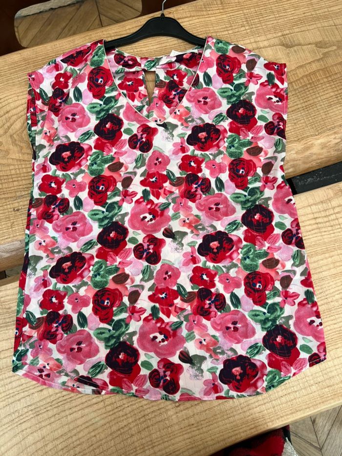 Blouse été S/M S M 36 38 à fleurs rose et rouge doré été dos découvert tunique fluide by one - photo numéro 7