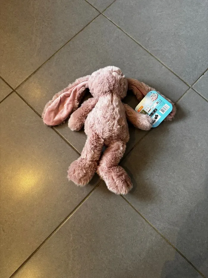 Peluche lapin - Action / Mini Matters Toys - 40cm * 20cm - Rose & Noir - Neuf avec étiquette