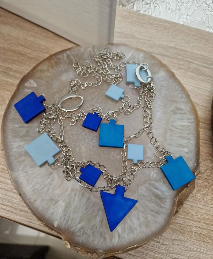 Collier Sautoir Trois Rangs Argenté Bleu Foncé Bleu Clair - photo numéro 5