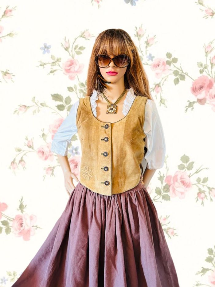 🤎🌿Gilet cuir vintage daim naturel autrichien cottagecore forest leather sleeveless jacket🌿🤎 - photo numéro 3