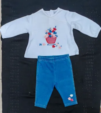 Ensemble Fille 🌼 blouse manches longues + pantalon jean souple – 62cm (3 mois)