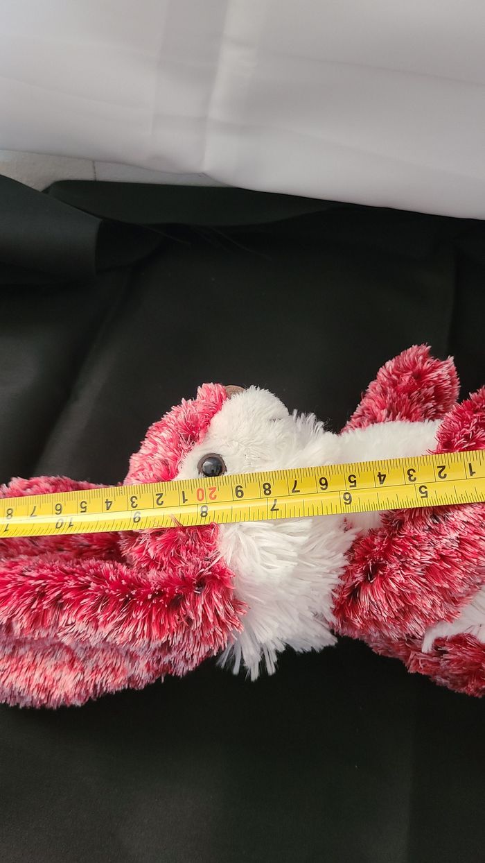 Doudou Peluche CMP Lapin Rouge Blanc Fourrure Nez Marron - photo numéro 5