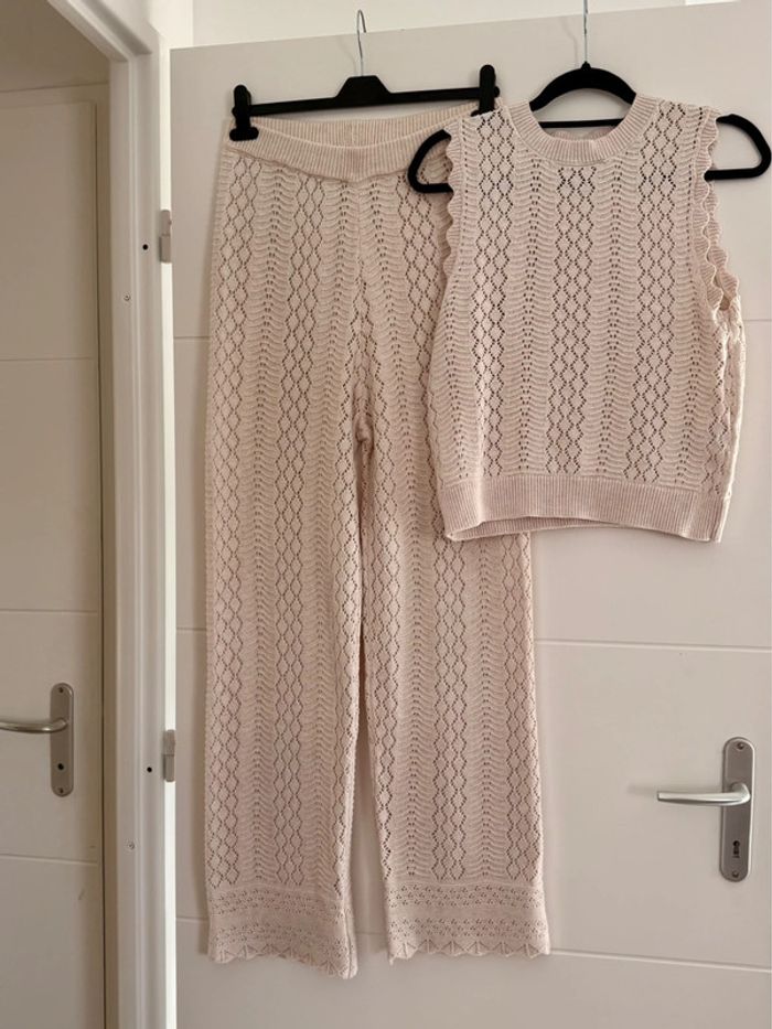 Ensemble maille tricot beige broderie pantalon top sans manches beige crème été coton M L