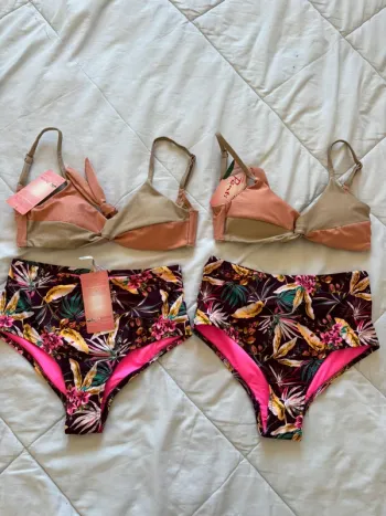 Lot 2 ensembles maillot de bain bikini rose beige pailleté violet motifs Penti taille XS/34