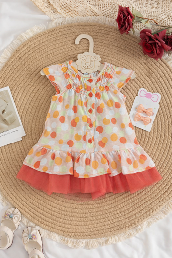 Ensemble bébé fille 6 mois - robe orange & tulle - 2 pinces cheveux - Très bon état 