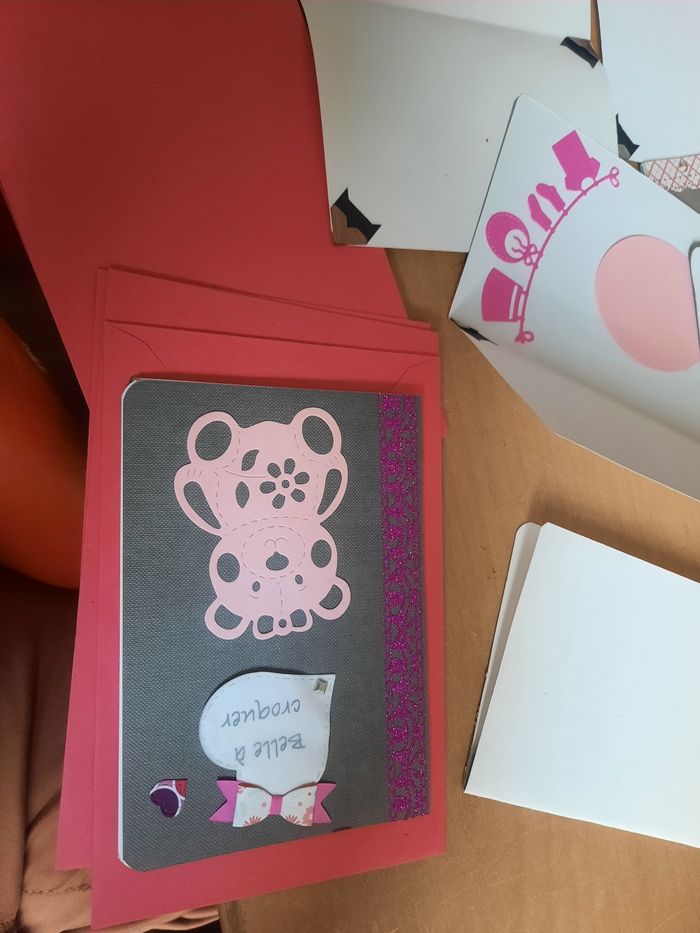 10 carte faire part bapteme anniversaire enfant fille ours rose et grise emplacement photos  avec enveloppe - photo numéro 4