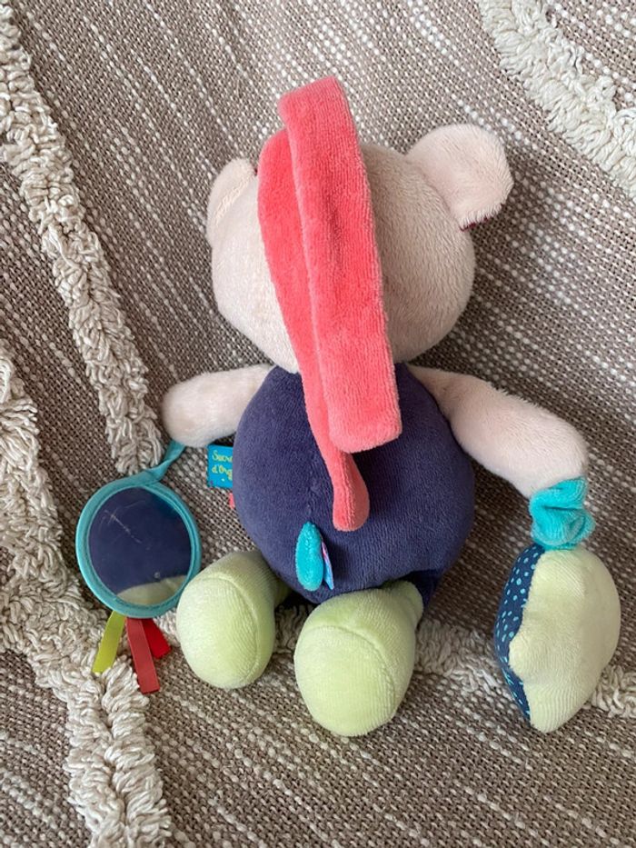 Peluche doudou d’éveil 26cm sucre d’orge ours coucou bleu violet rouge beige parfait état - photo numéro 3