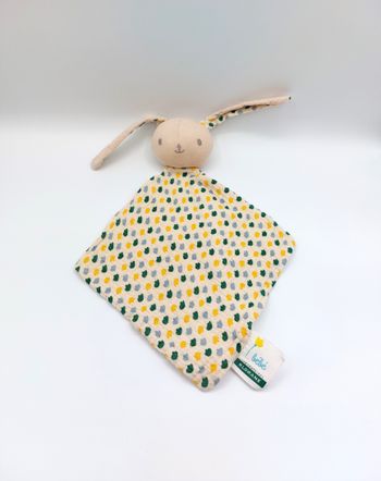 Doudou plat lapin tissu beige Bébé KLORANE gaze de coton lange fleurs jaune vert