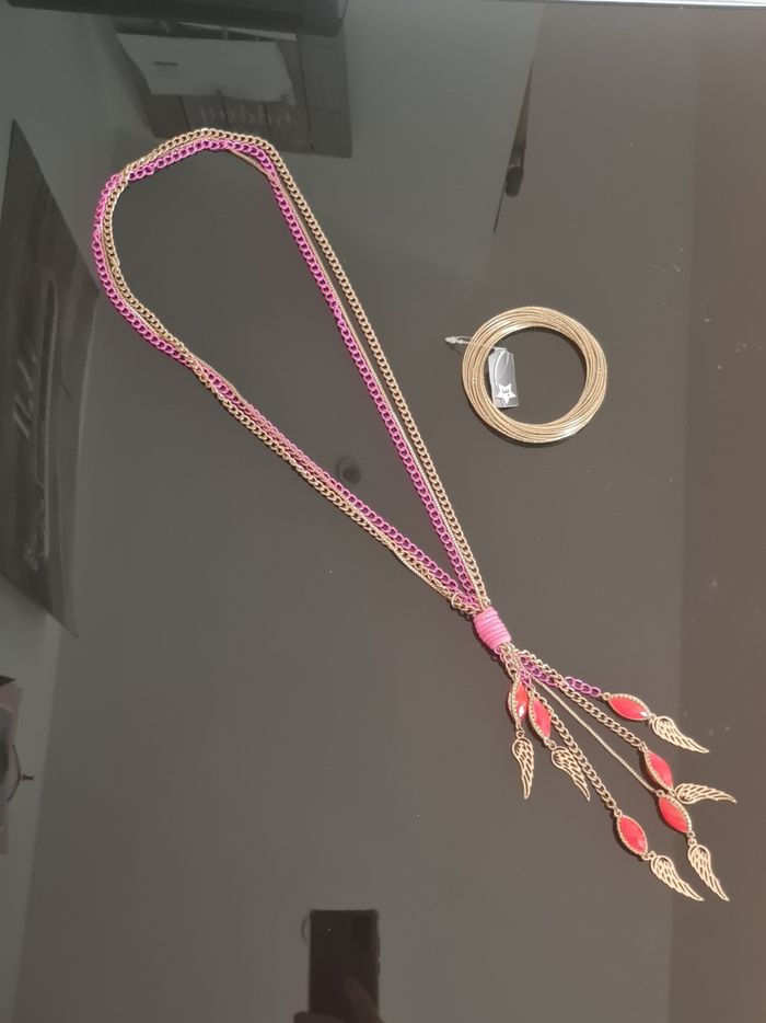 Parure élégante fuchsia & doré – collier tressé + bracelet neuf - photo numéro 2