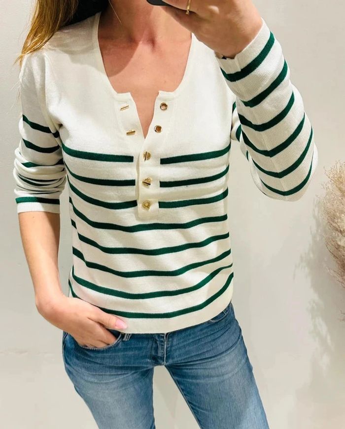 💐 Joli pull femme mariniere blanc rayé vert TU 36/40 🎀 - photo numéro 2
