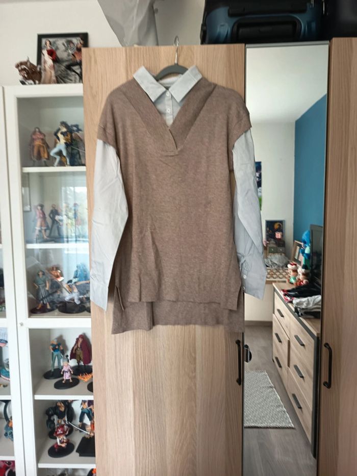Chemise pull beige et blanc neuf TEX- Taille XL 42 - photo numéro 3