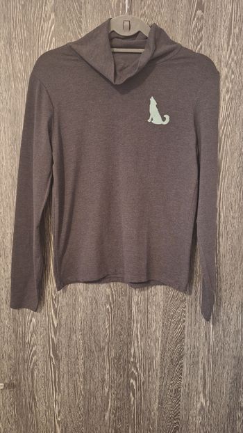 Sous-pull col roulé gris chiné imprimé loup vert d'eau