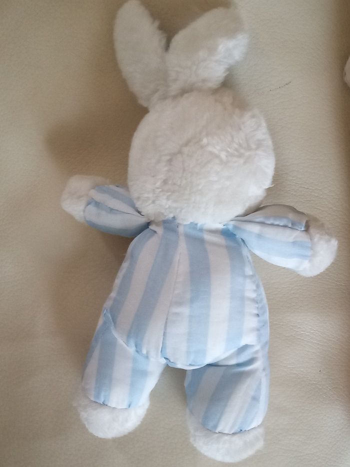 Doudou peluche  lapin blanc bleu clair  Pampers vintage rayé  rayures nez bleu - photo numéro 4