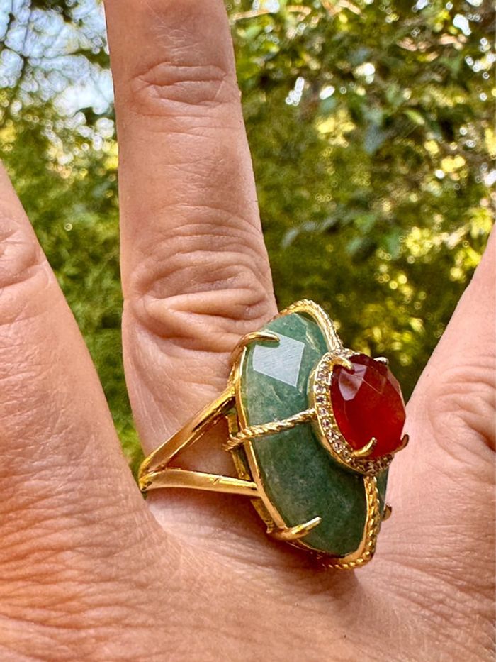 Grosse bague habaha Paris acier inoxydable or cornaline et jade vert zircons - photo numéro 6