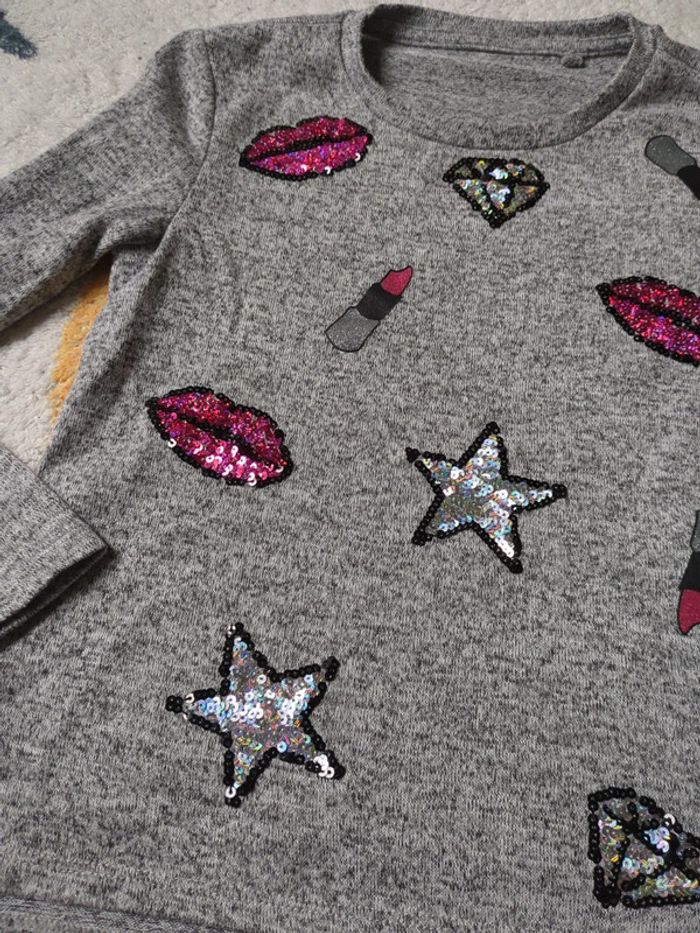 Pull fin gris girly maquillage paillettes sequins neuf 7 ans - photo numéro 2