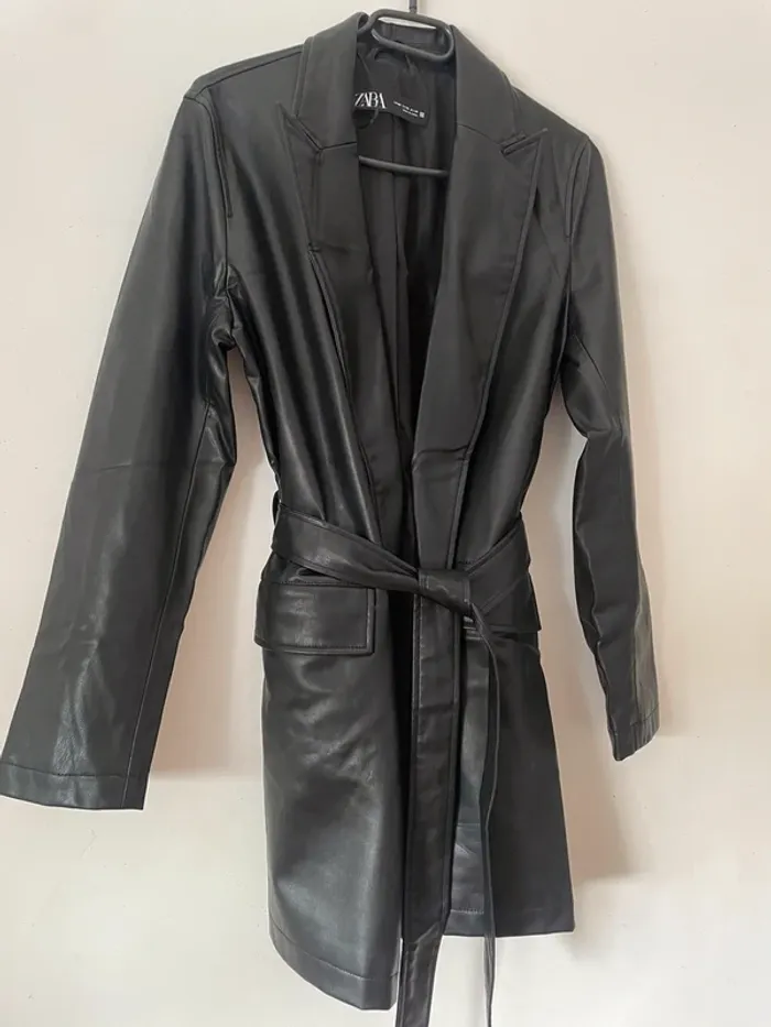 Zara Veste blazer mi-long en similicuir ceinturée taille XS - photo numéro 5