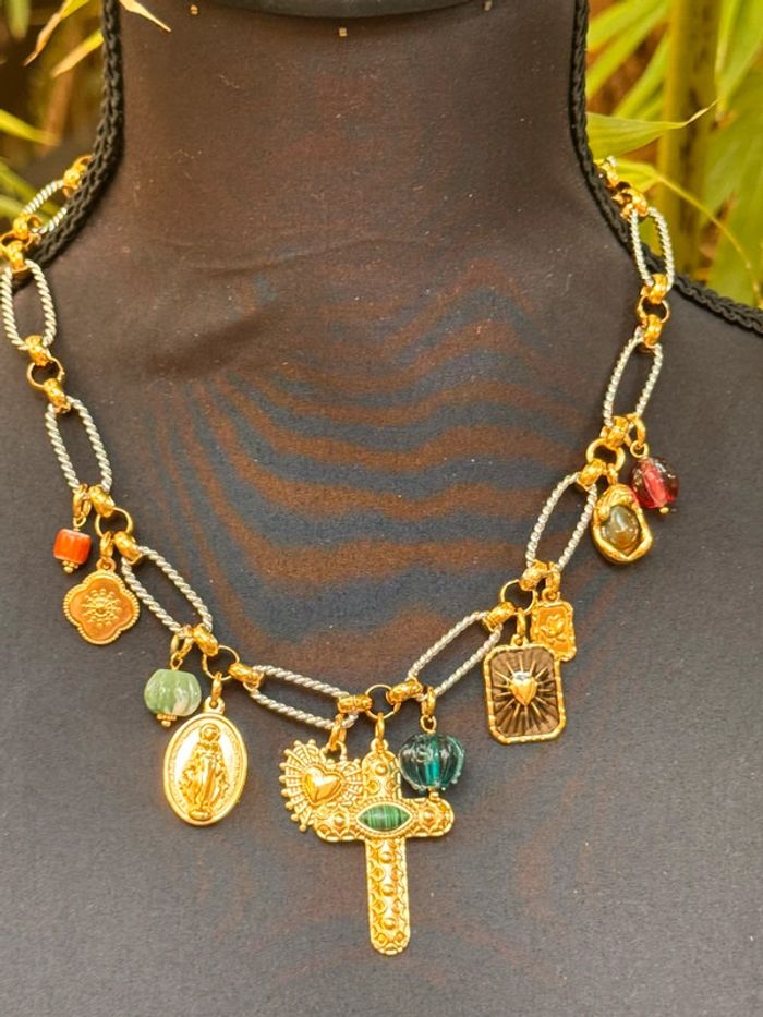 Collier acier inoxydable or et argent  croix vierge perle  pierre cœur ex-voto trèfle habaha Paris - photo numéro 7