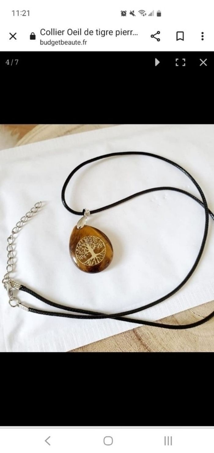 Collier pendentif pierre Œil de tigre et cordon cuir - photo numéro 2