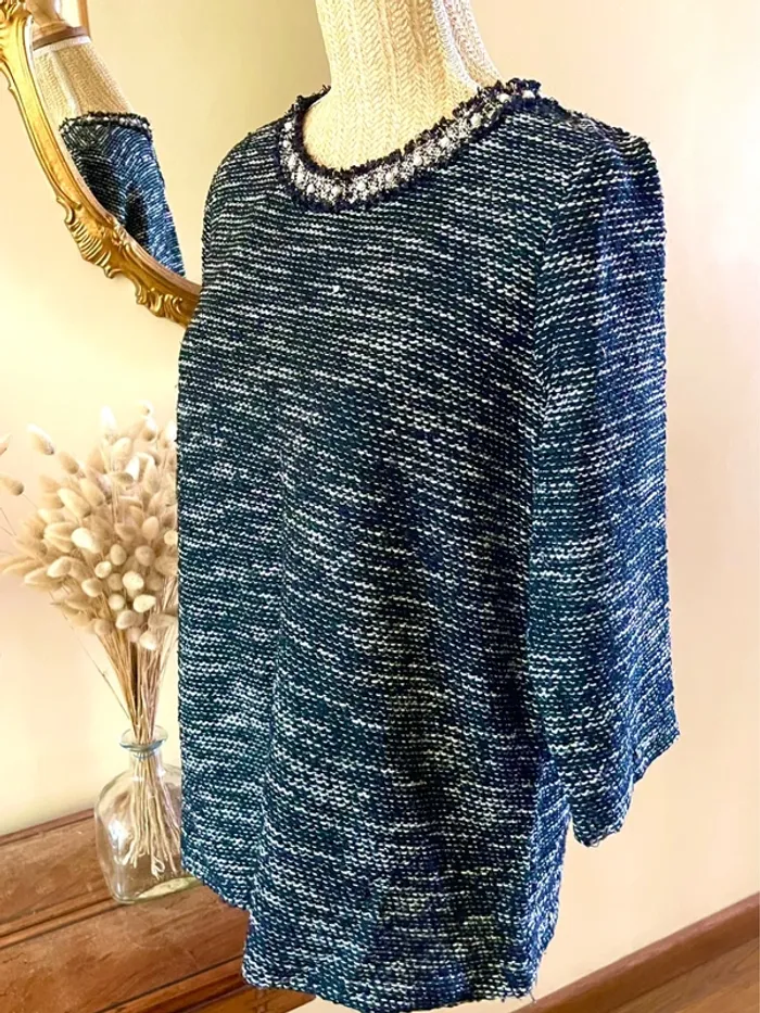 sublime Top maille tweed effet bouclette col rond perles manches 3 4 neuf - photo numéro 5