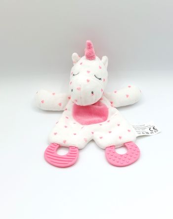 Doudou plat licorne blanc cœurs rose ZDT Action anneau dentition ZD trading sos doudou