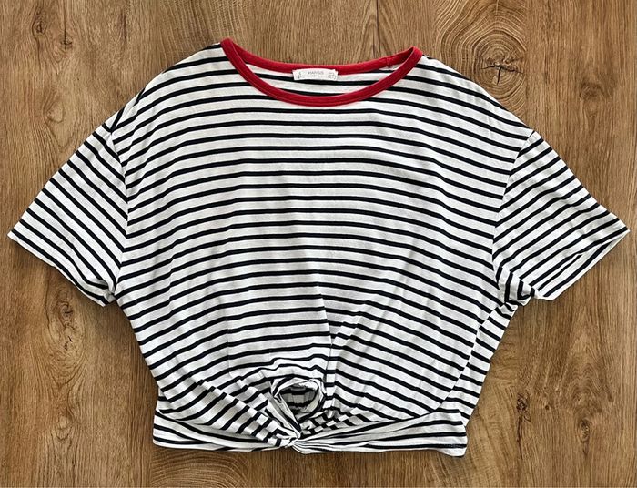 T.shirt rayé noir et blanc avec détails rouges Mango pour femme, taille L