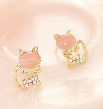 Boucles d'oreilles chat strass et quartz rose