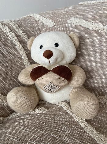 Grande peluche doudou 35cm Aubert ours blanc et marron cœur Style champêtre jute très bon état