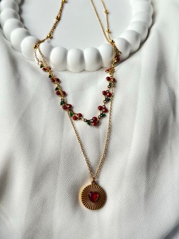 Collier Double Rang Cerises & Cœur Rayonnant en Acier Inoxydable Or