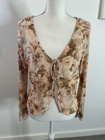 Cardigan en mesh à fleurs beige crème et marron Y2K T46 3XL